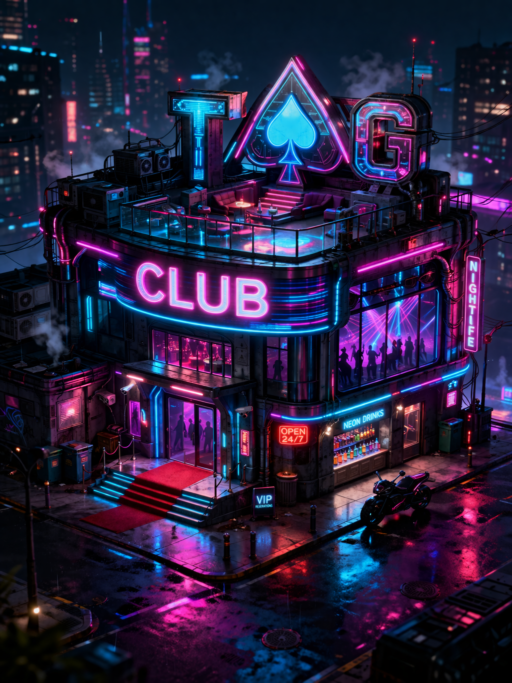 Players gathered in a neon TAG club